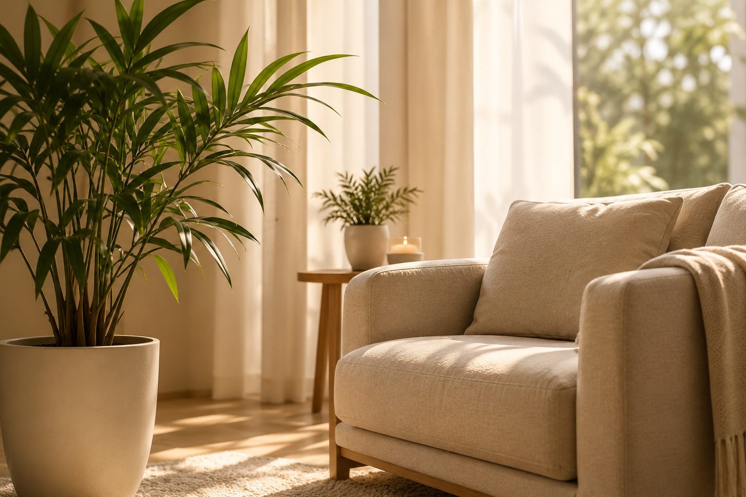 Ambiente acolhedor com poltrona e plantas
